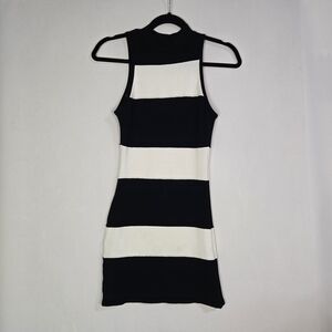 Nasty Gal Size S Black & White Striped Sleeveleas High Neck Mini Bodycon Dress